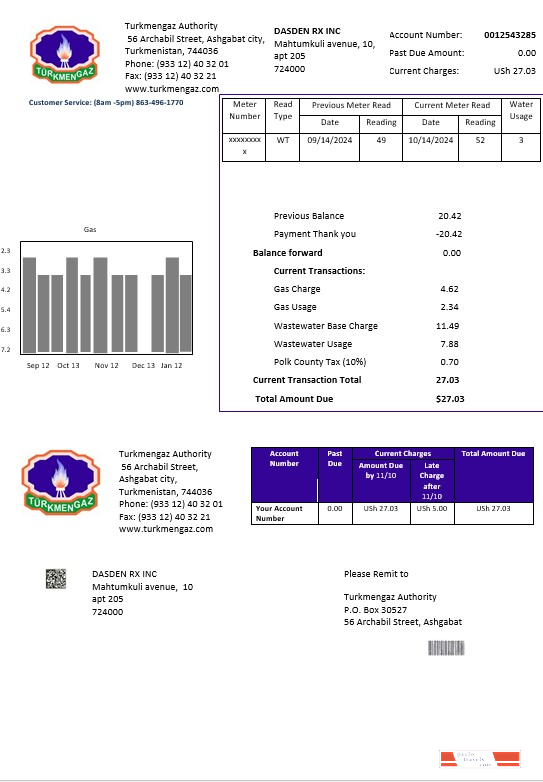 Turkmenistan Turkmengaz business utility bill template in Word and PDF formats